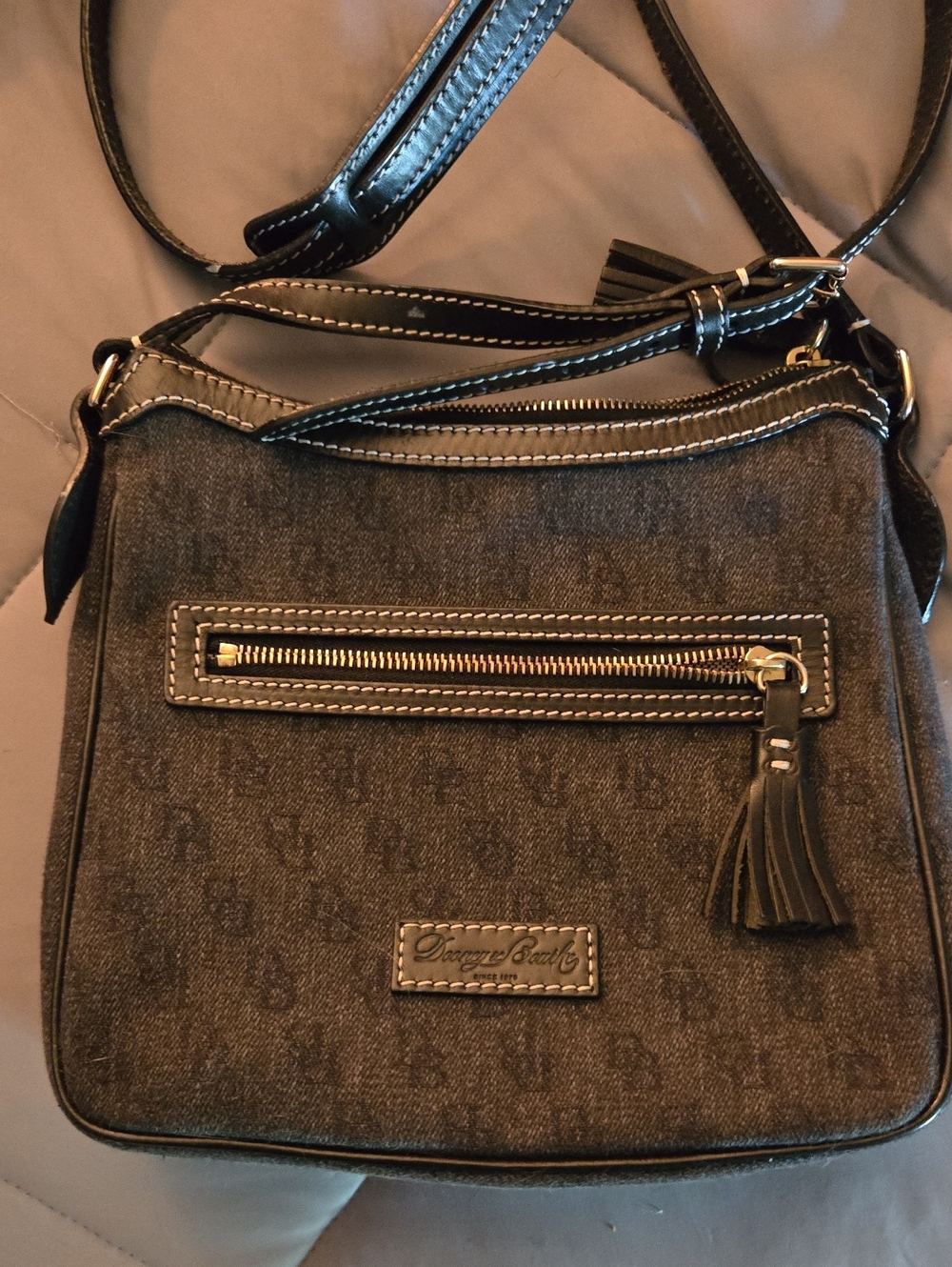 Dooney & Bourke Gray And Black Logo Crossbody with Tassel